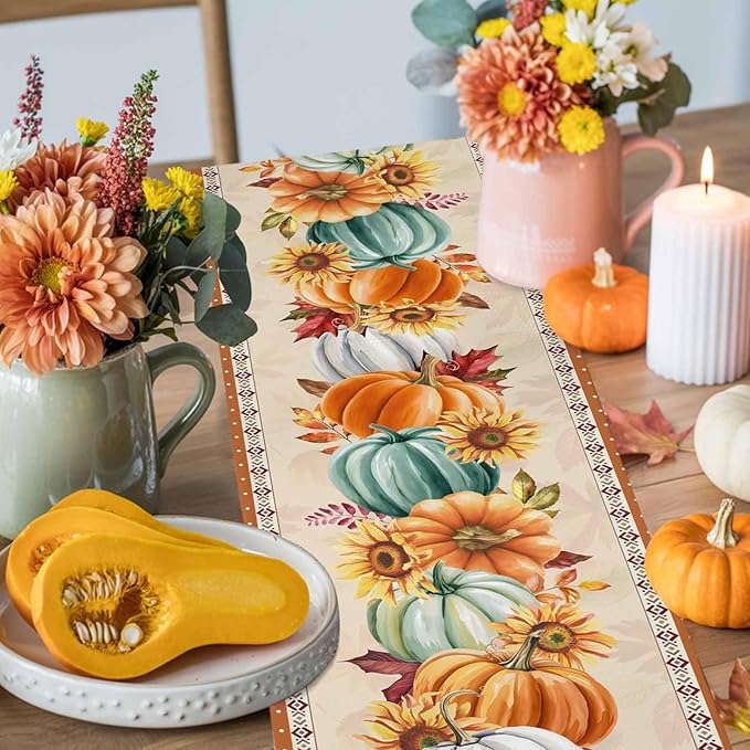 Fall Thanksgiving Southwest Cotton Linen Table Runner for Dining Kitchen, Orange Pumpkins Wedding Outdoor Party Rustic Tablerunners Decoration, Sunflower Dresser Scarf Tablecloth Runners 13x72 Inches