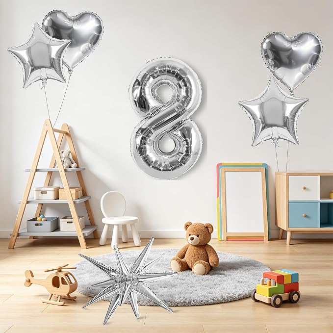 TONIFUL 8th Birthday Balloons Kit 40Inch Silver Large Number 8 Foil Balloon | - Image 4