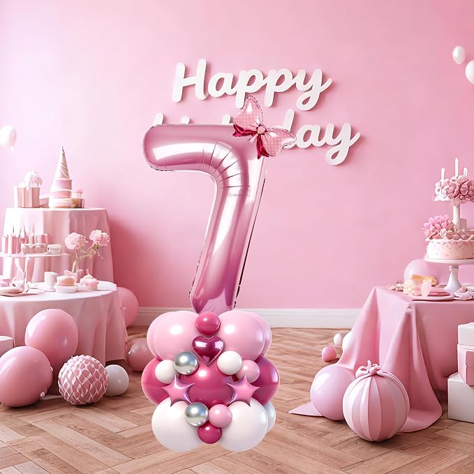 40 Inch Pink Number 7 Balloon Tower Set, Pastel Number Seven Foil Balloon - Image 3