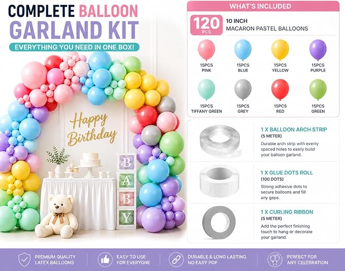 Pastel Balloon Garland Kit 120 Pack – Macaron Pastel Balloons - Image 3