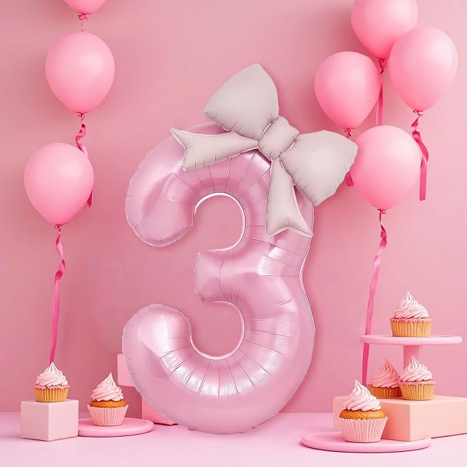 Bow Pink 3 Balloons, 40 Inch Giant Pink Bow Helium Foil Number 3 - Image 4
