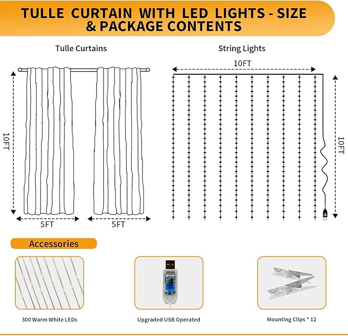 Ivory Tulle Backdrop Curtain with Lights String - 10x10ft Sheer Backdrop with 300 LEDs for Wedding, Baby Shower, Bridal Shower, Birthday Party Photo Shoot Background and Home Decorations