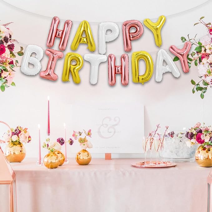 TONIFUL Gold Rose Gold White Happy Birthday Balloon Banner Decorations | 16 - Image 5