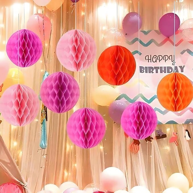 Paper Honeycomb Balls Decorations - 12 Pack Hanging Tissue Pom Poms for Weddings, Birthdays, Home Party Decor (Rose red Light Pink Orange)