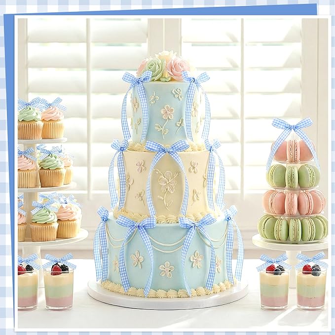 30 Pack Bow Cake Toppers Blue Gingham Ribbons Bows - Image 3