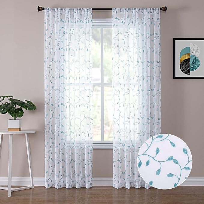 Tollpiz Leaves Sheer Curtain Teal Blue Leaf Embroidery Living Room Curtains Rod by Tollpiz