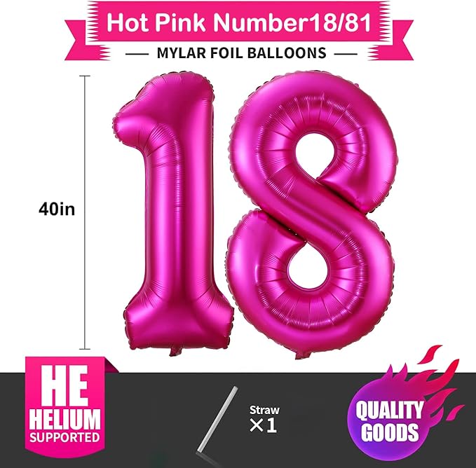 Hot Pink 18 Balloon Numbers, 40 Inch 18th or 81st Birthday Balloon Foil Mylar - Image 2