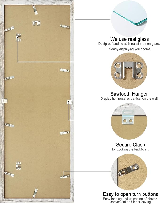 12x36 Picture Frame 2 Packs, Real Glass and Distressed White Wood Frame, Display Collage Pictures Twelve 4x6 With Mat or Pennant 12 x 36 Without Mat - Horizontal or Vertical Wall Mounting