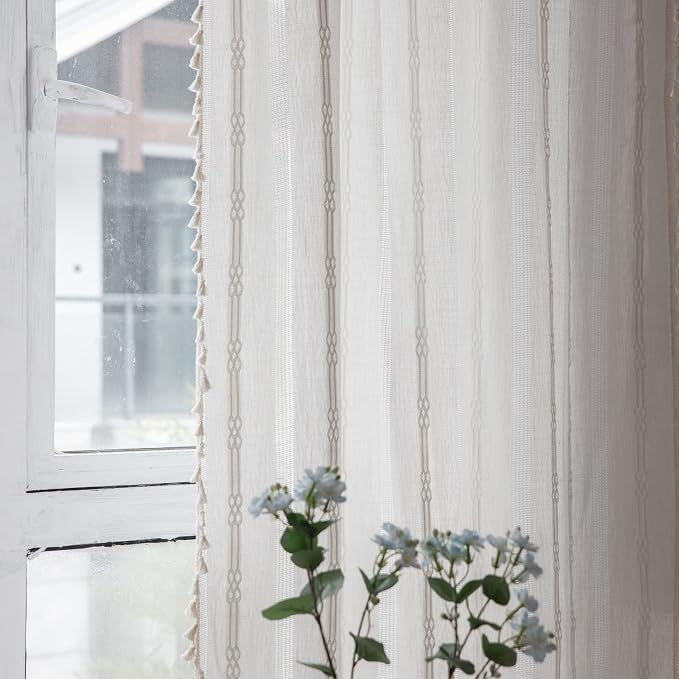 Boho Curtains for Bedroom Embroidery Striped Farmhouse Curtains 63 Inch Length - Image 3