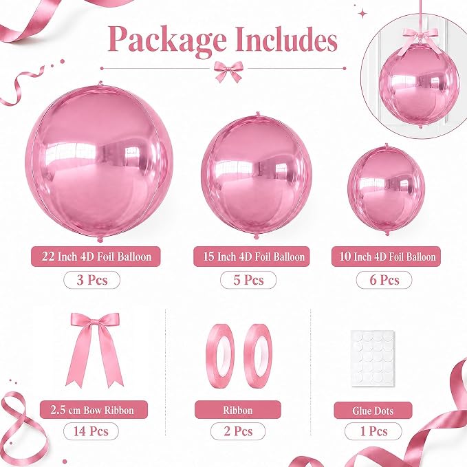 Pink Round Foil Balloons with Satin Bows Ribbon - Image 2