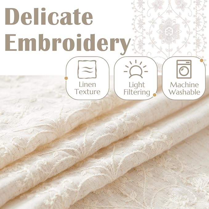 jinchan Floral Linen Curtains Embroidered Back Tab 50x90in 2 Panels Ivory | - Image 4