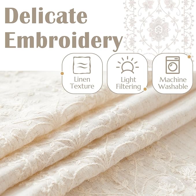 jinchan Floral Linen Curtains Embroidered Back Tab 50x84in 2 Panels Ivory | - Image 4