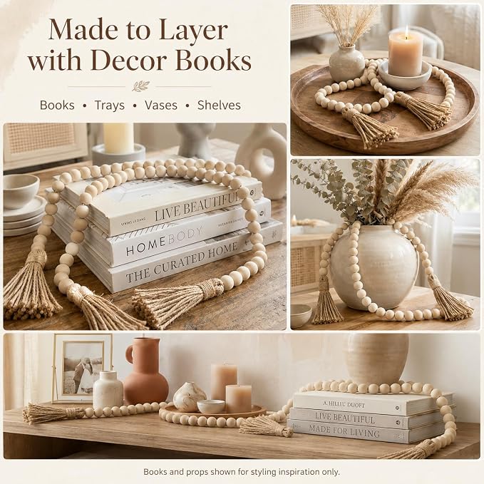 58in Wood Bead Garland Tassels, Farmhouse Tiered Tray Decor | Natural wood beads - Image 6