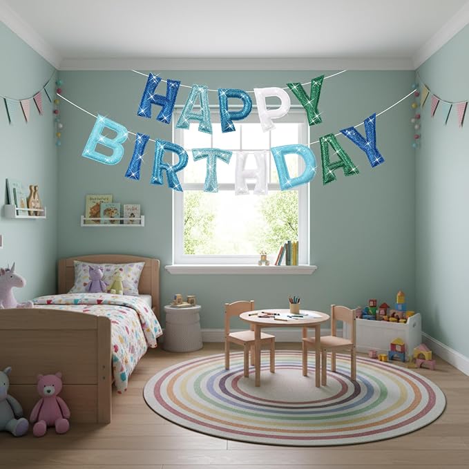 Tegeme Felt Happy Birthday Banner, Teal Glitter Turquoise Happy Birthday - Image 4