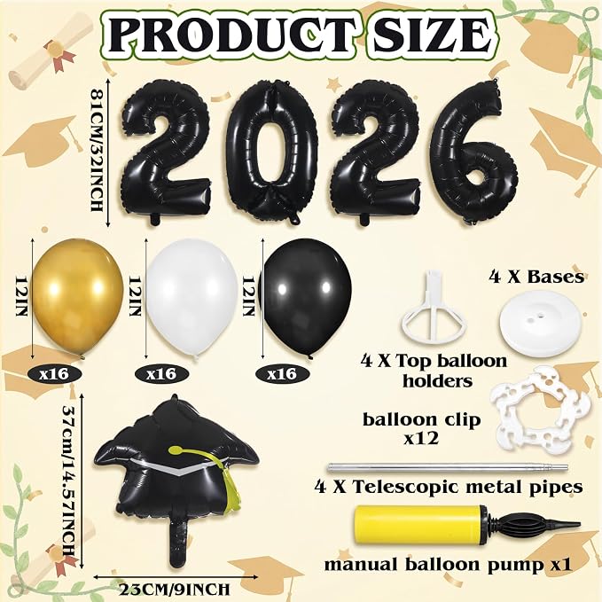 4 Sets 5 ft Graduation 2026 Balloons Column Stand Kit Jumbo Black 2026 Grad Cap - Image 6