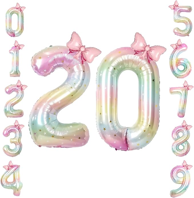 40" Giant Pastel Rainbow Number 20 Balloon Foil Pink Bow Decor Kit | by TNCDJKPA