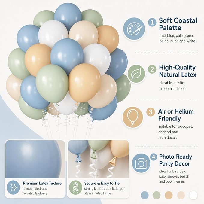 Blue Green White Balloons 12INCH Coastal Summer Baby Shower Birthday Decor | - Image 8