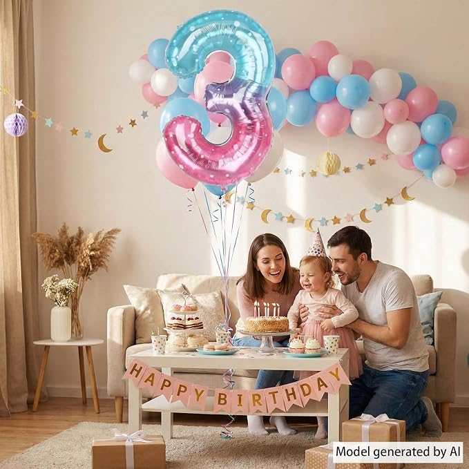 40 Inch Pink Blue Number 3 Balloon, Large Gradient Pink Blue Mylar Foil Number - Image 2