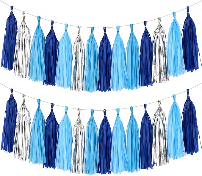 Blue Silver Tassel Garland Banner, 30 Pack Paper Tassels Streamers by SIPRKAICT