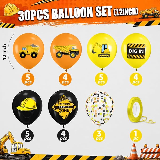 Construction Balloons, 12 Inch Black Yellow Orange Truck Printed Confetti - Image 2