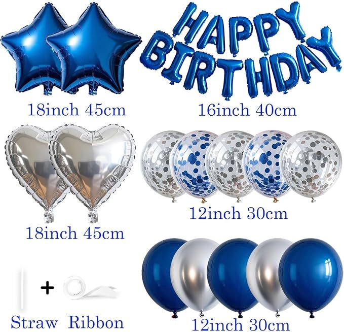 27 Pcs Blue Silver Birthday Decorations, 3D Letters Blue Happy Birthday Balloon - Image 2