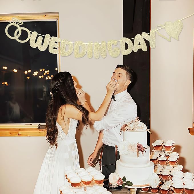 Wedding Day Banner, Champagne Gold Glitter Wedding Banner - Image 3