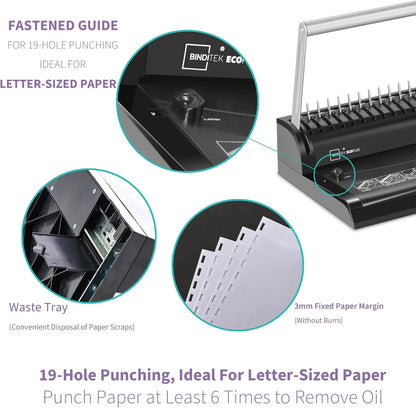 Binditek Binding Machine, 19-Hole, 145 Sheets, Comb Binder Machines with 30 PCS 1/2" Binding Combs, for Letter Size, Fixed Margin