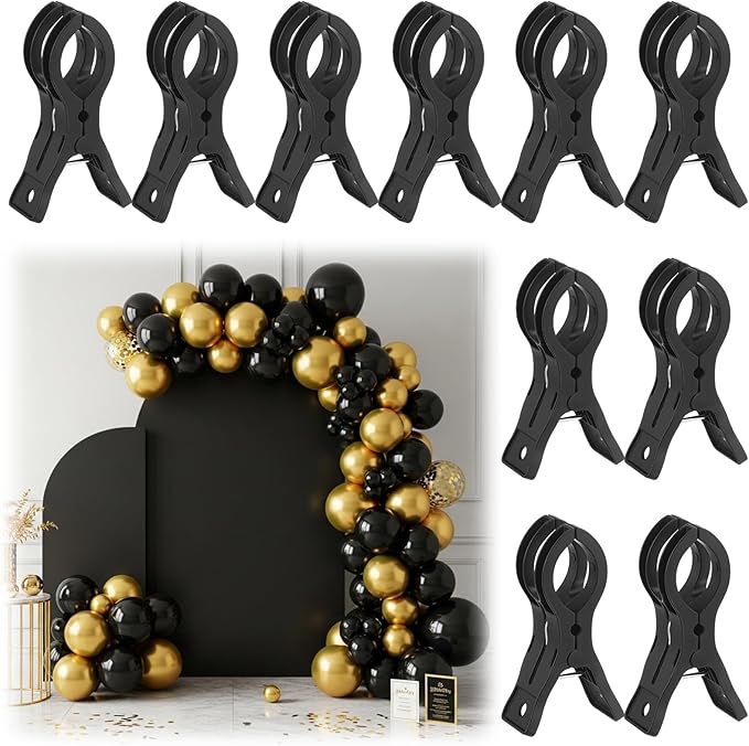 LemonRoad 10 Pack Large Balloon Arch Clips Plastic Transparent Backdrop Spring Clamps 3.5 Inch Heavy Duty Clip for Balloon Arch Kit Birthday Decoration Crafts Woodworking Photography Studios (Black)
