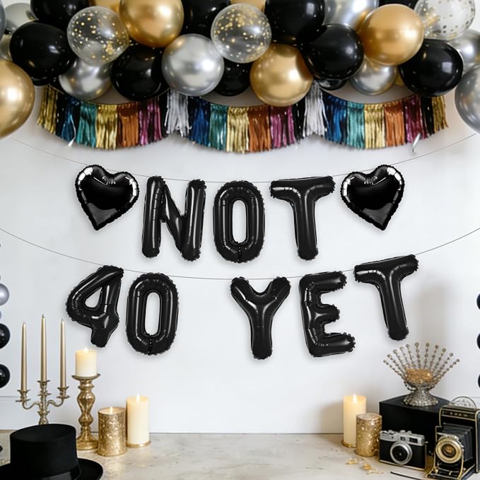 Black Not 40 Yet Banner, 16 in letter NOT 40 YET Balloons 39th Birthday - Image 4