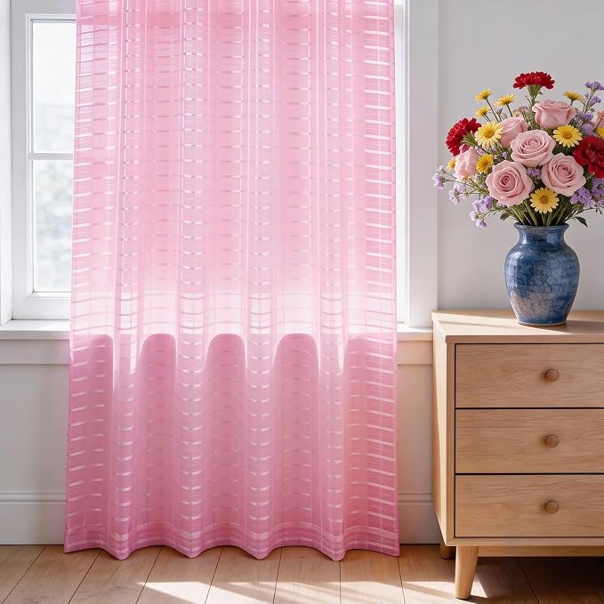 SpaceDresser Check Sheer Curtains 90 Inches 2 Panels Set, Rod Pocket Plaid - Image 3