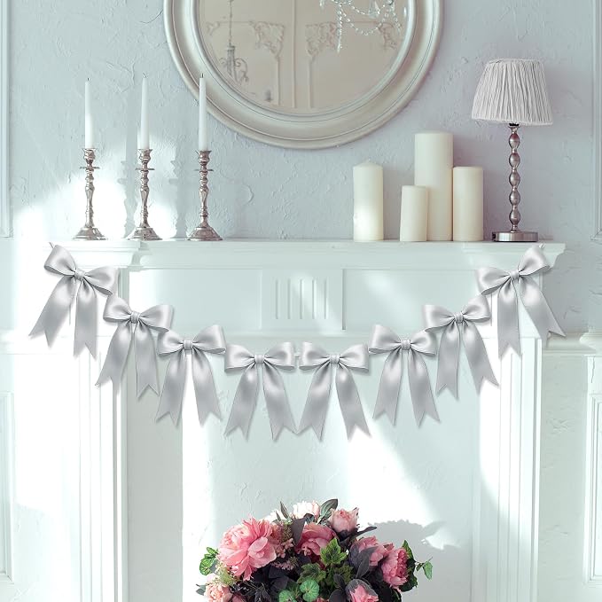 2 Strings of 16PCS Silver Bow Garlands Banner Decoration, Pre-Strung Satin - Image 6