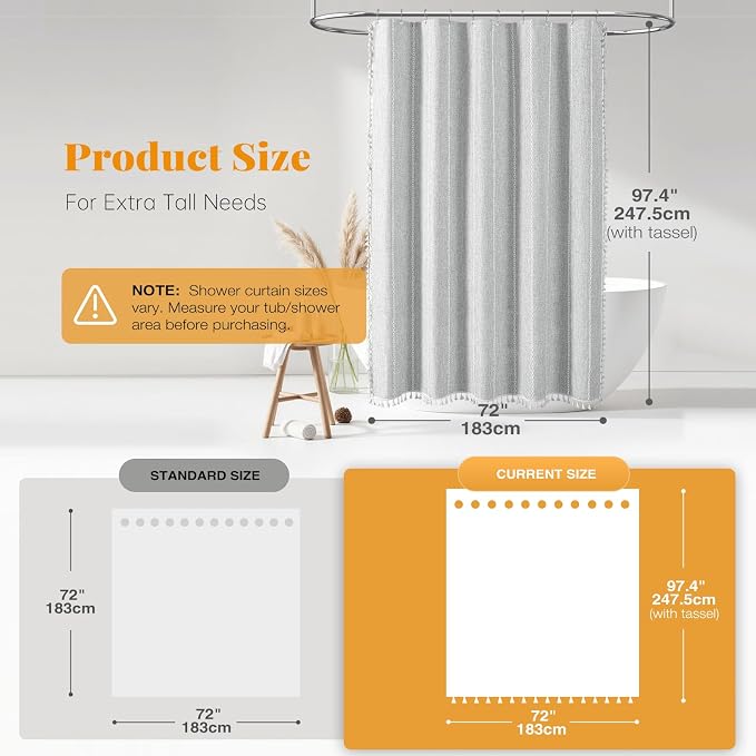 72x96 Extra Long Boho Linen Heavy Duty Shower Curtain Set, 330GSM Linen Blend - Image 3