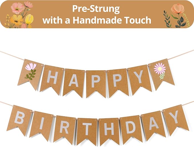 Wildflower Birthday Banner, Pre-Strung Floral Party Decorations by GALASET