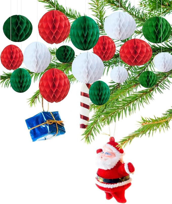Red White Green, Christmas Paper Honeycomb Balls, 6 and 10 inch Hanging Tissue - Image 4