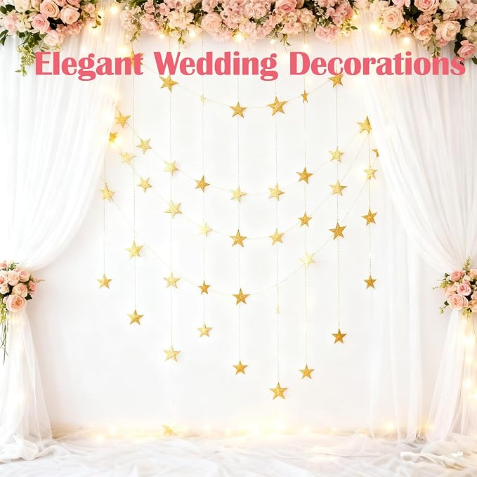 105 Feet Gold Star Garland, 8 Strands Glitter Paper Star String, 2.4 Inch - Image 5