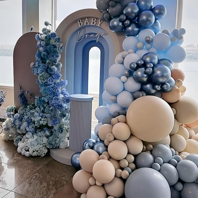 Blue White Sand Balloons Dusty Slate Fog Pastel Metallic Blue Beige Balloon - Image 6
