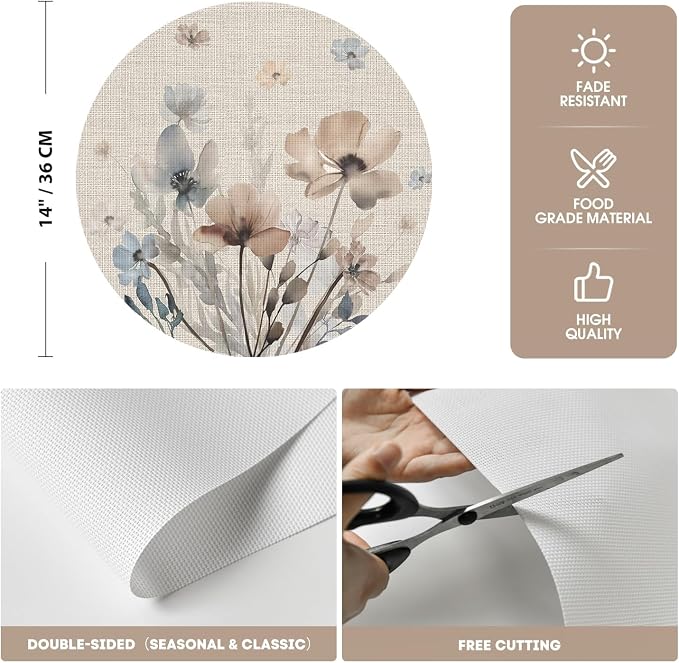 Artoid Mode Brown Poppy Floral Round Placemats Set of 4, 14 Inch Washable - Image 6