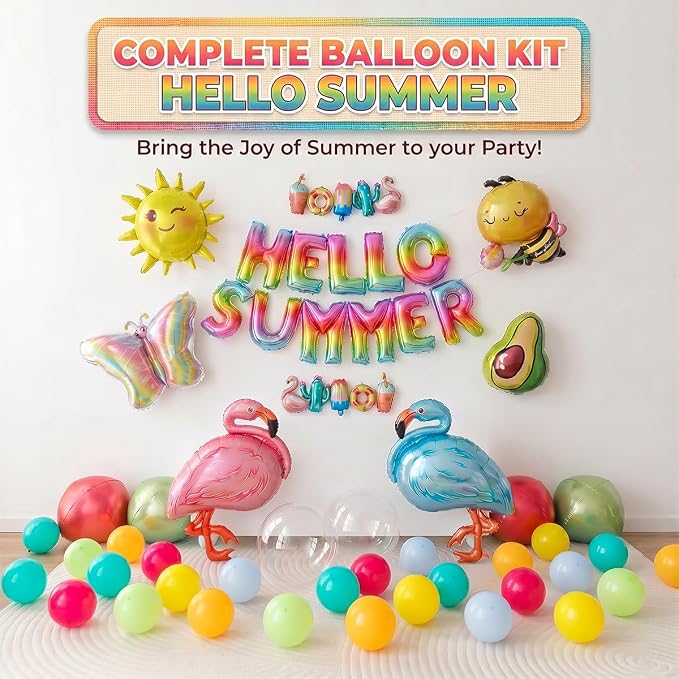 91 PCS "Hello Summer" Foil Balloon Decoration Kit, Tropical Summer Party - Image 2