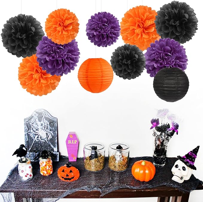 Purple-Orange Black Party-Decorations Paper-Flowers Lanterns - Image 2