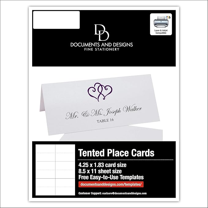 Linked Hearts Printable Place Cards, Eggplant (Choose Color), Set of 150 (25 Sheets), Laser & Inkjet Printers - Wedding, Party, Dinner, and Special Events - Made in the USA