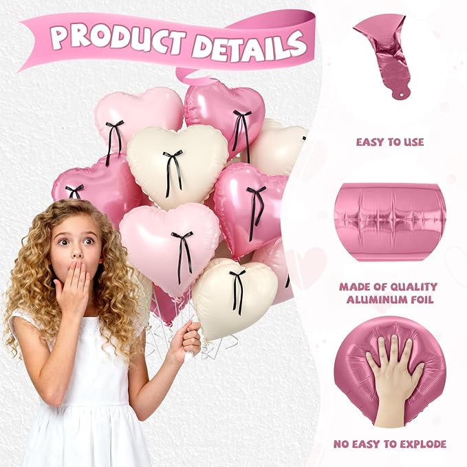 Pink Heart Balloons, 18 Inch Pink Sand White Foil Balloons - Image 3