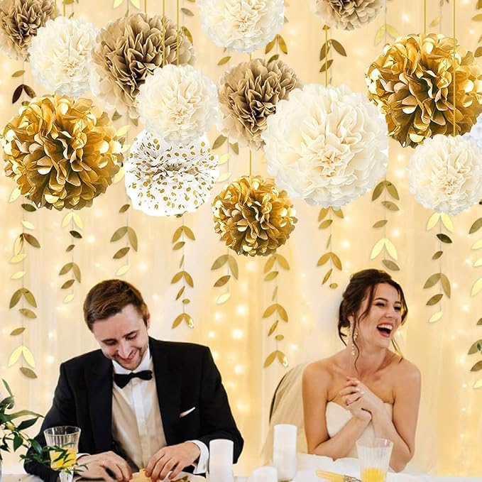 Gold White Party Decorations, Pompoms Flowers - Image 2