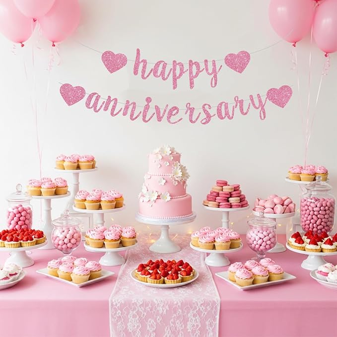 BEISHIDA Glitter Pre-Strung Pink Happy Anniversary Banner Decoration | NO DIY - Image 5