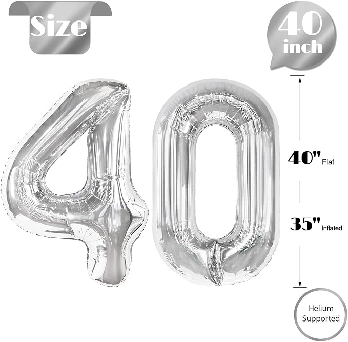 Silver Number 40 Balloon 40 Inch, 40th Birthday Decorations Men Women | Foil - Image 5