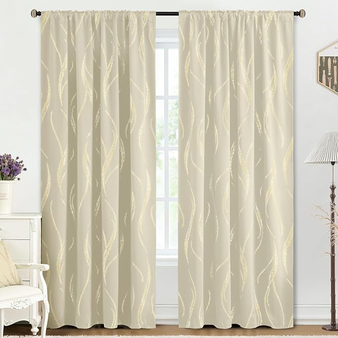 Yakamok Cream Light Blocking Curtains 96 Inches Long Gold Print Wide 52" | Gold - Image 3