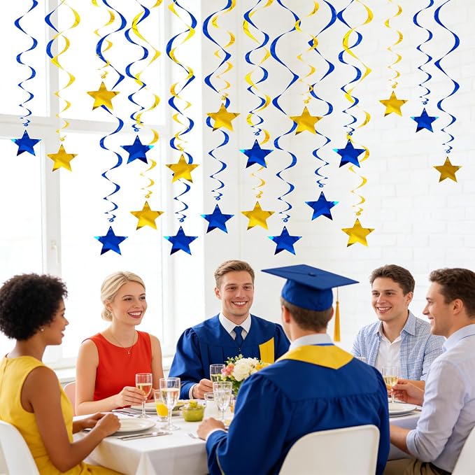 Blue Gold Star Hanging Swirl Decorations Ceiling Swirl Foil Decoration Hanging - Image 6