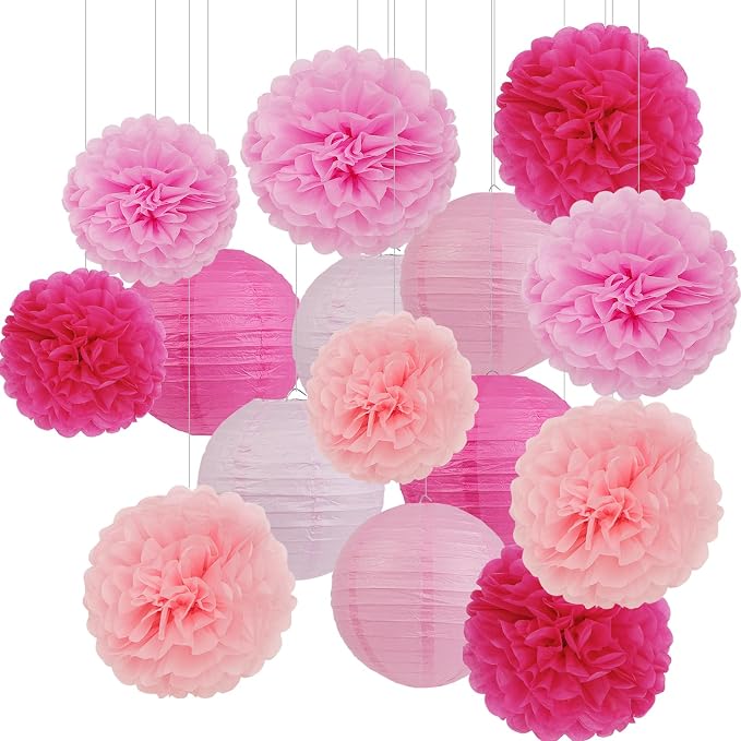 Pink Birthday Party Decorations Paper Lanterns and Pom Poms 15pcs Set | Baby by Unknown