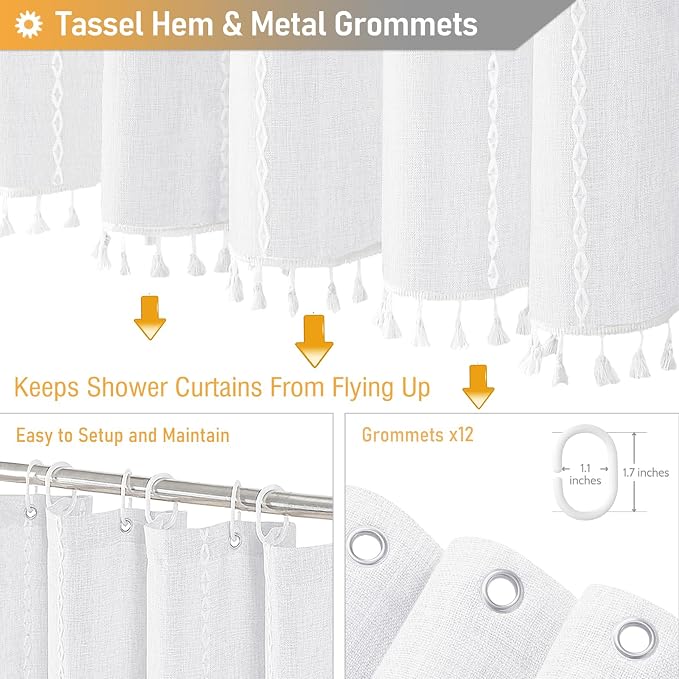 72x84 Long Boho Farmhouse Linen Heavy Duty Shower Curtain Set, 330GSM Linen - Image 5