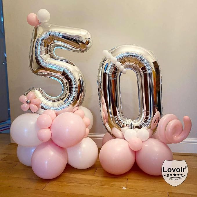 Silver 50 Number Balloons, 40 Inch Giant Number 50 Balloons Foil Mylar Helium - Image 6