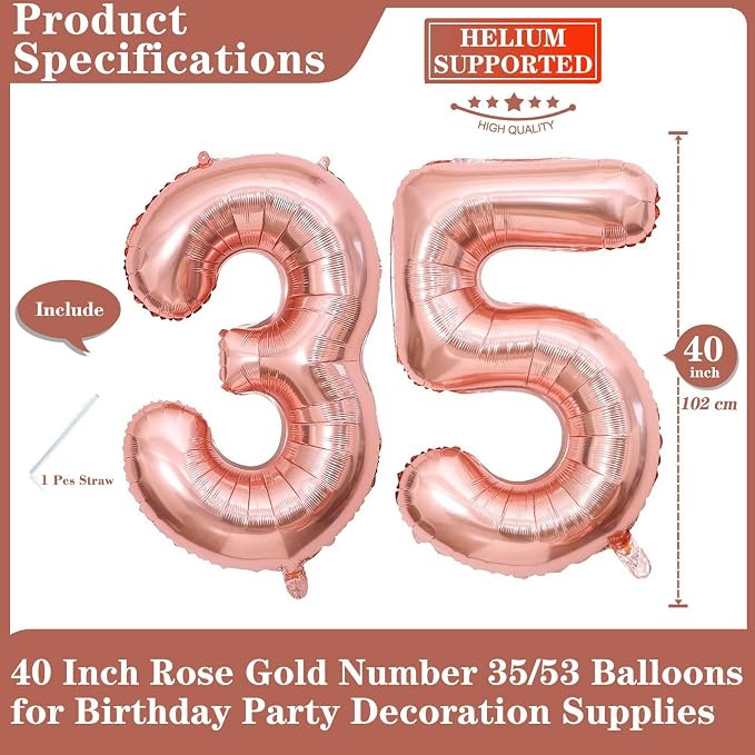 Rose Gold 35 Number Balloons, 40 Inch Giant Number 35 Balloons Foil Mylar - Image 2